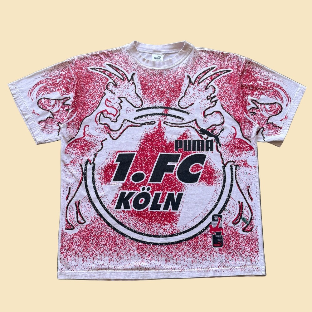 Vintage Puma 1. FC Koln All Over Print T-Shirt Mens Large White Red Soccer Tee